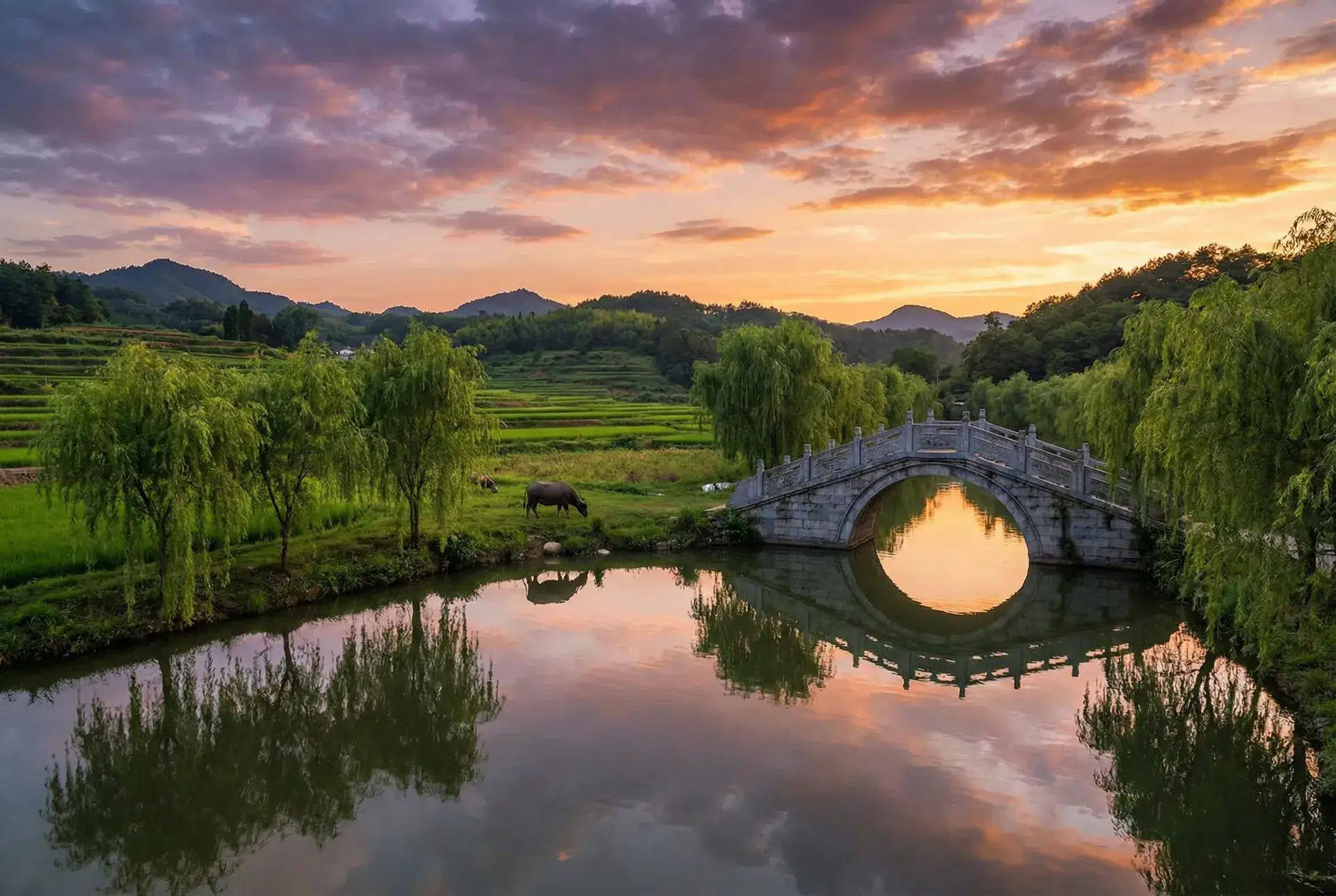 夕阳下的石拱桥与垂柳，水牛在河边吃草 - 幻想魔域 乡村美景